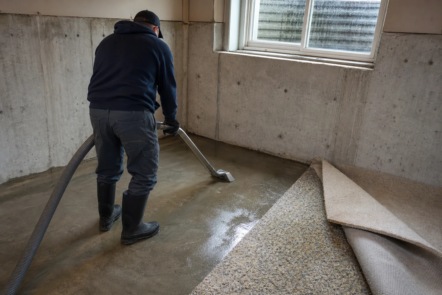 Water extraction equipment operating in a flooded basement