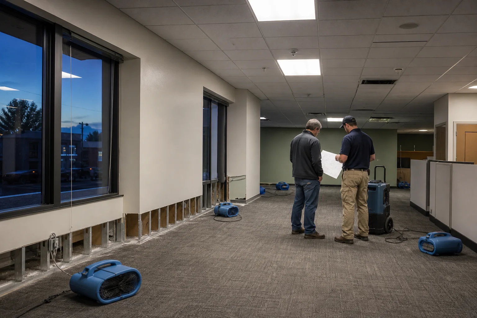 A facilities manager and restoration technician review a commercial drying setup