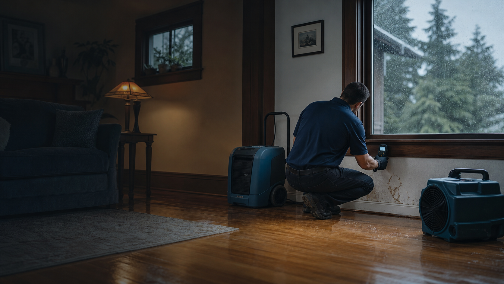A water restoration technician checks moisture inside a rain-soaked home